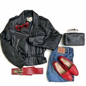 Vintage Black Leather Moto Jacket | Braided Quilted Shoulders   90s Biker Staple